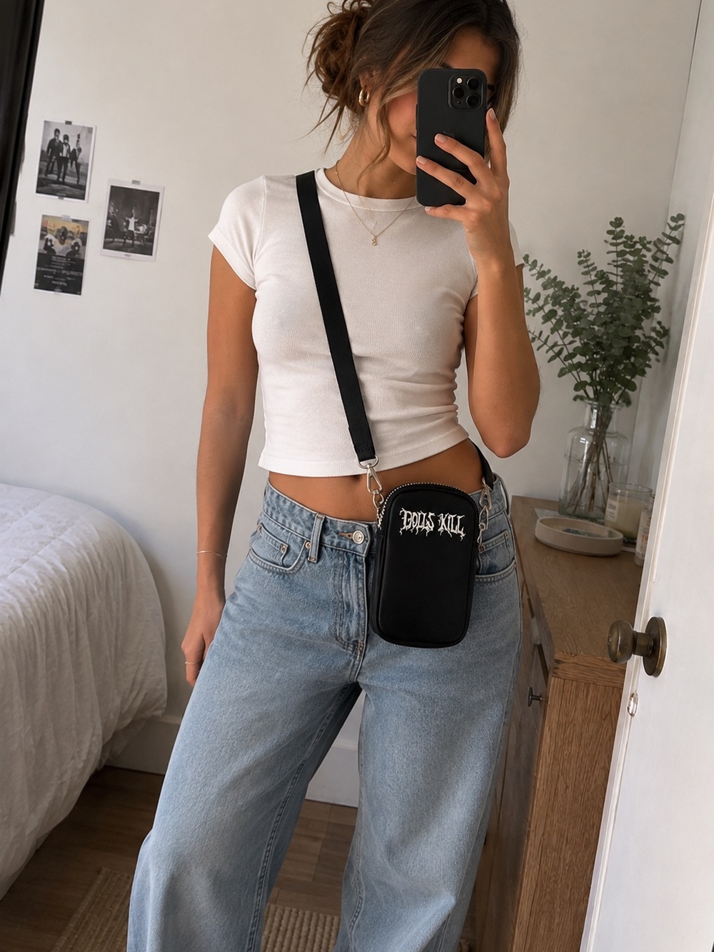 Dolls kill Black Crossbody Mini Phone Bag with Gothic Script
